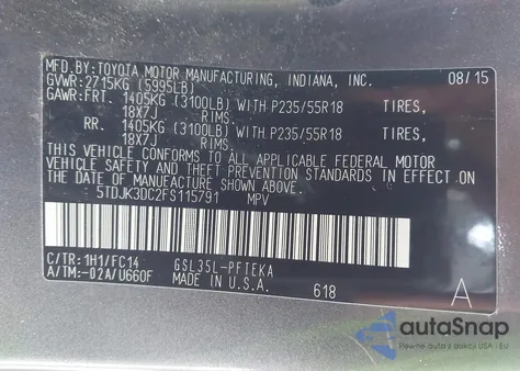 2015 Toyota Sienna Le 7 Passenger from USA, damaged, VIN 5TDJK3DC2FS115791